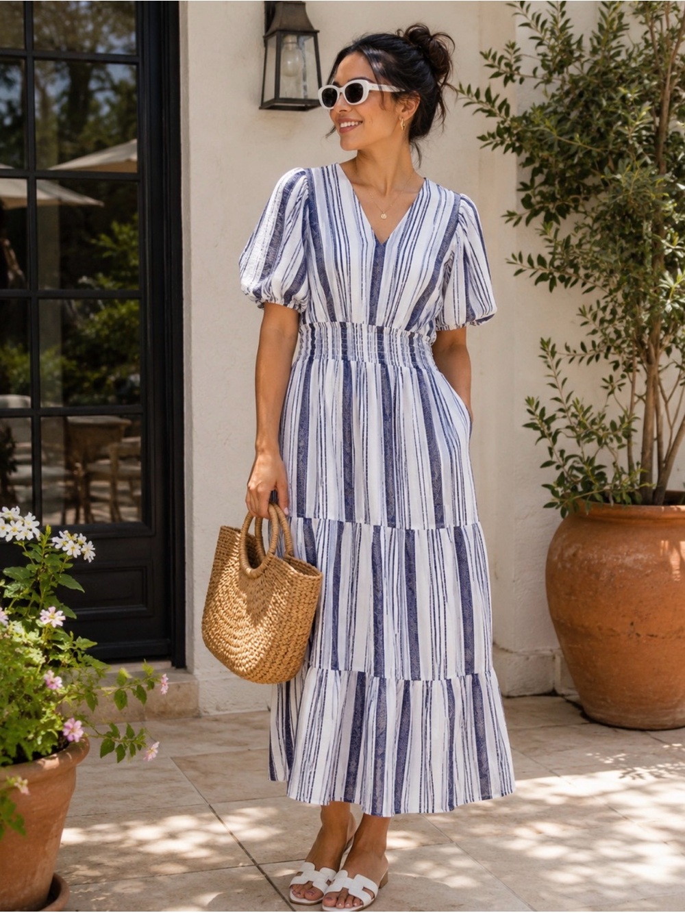 Kate & Lily Blue Stripe Tiered Midi Dress – Size 6